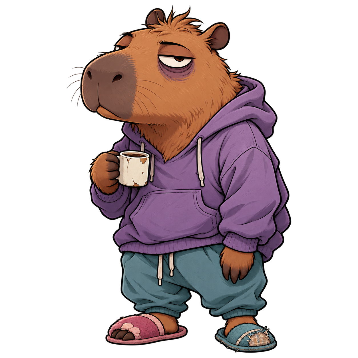 Capinércia, uma capivara de moletom roxo, olheiras e chinelos desencontrados, segurando uma caneca de café