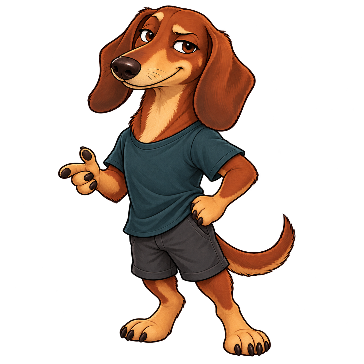 Salsito, um dachshund antropomórfico de pelo caramelo, camiseta verde-azulada e olhar irônico